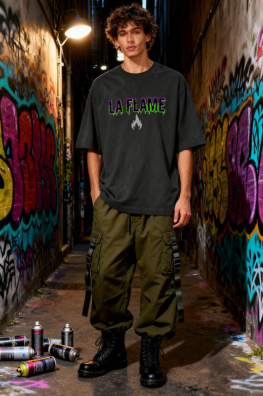 La Flame Drip Text Tee – Dark Green Streetwear Graphic Shirt