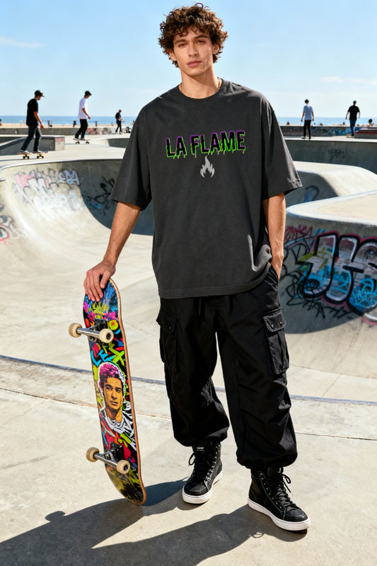 La Flame Drip Text Tee – Dark Green Streetwear Graphic Shirt